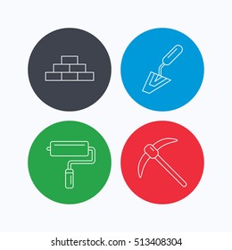 Brickwork, spatula and mining icons. Paint roller linear sign. Linear icons on colored buttons. Flat web symbols. Vector