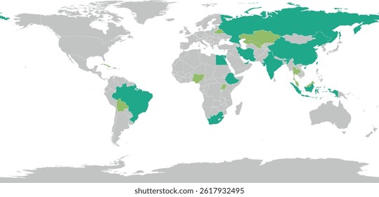 BRICS 10 member states and 9 partners (light color) in GCS WGS 1984 Projection