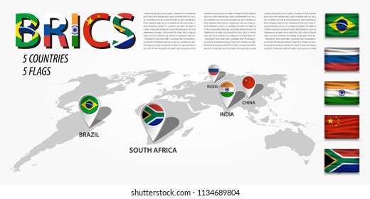 BRICS . association of 5 countries ( brazil . russia . india . china . south africa ) . Perspective world map and GPS navigator location pin with national flag of membership . Vector .