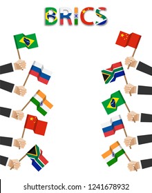 BRICS . association of 5 countries ( brazil . russia . india . china . south africa ) . Businessman hand hold and wave flag at border side of edge image . Blank at central area . Flat design . Vector