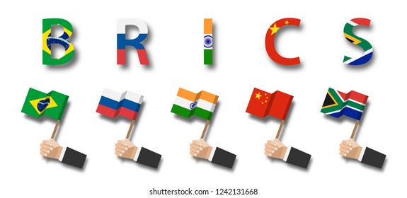 BRICS . association of 5 countries ( brazil . russia . india . china . south africa ) . Businessman hand hold and wave flag pole on white isolated background . Flat design . Elements vector .