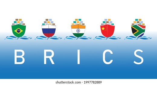 BRICS - Association of 5 countries : Brazil, Russia, India, China and South Africa. Concept vessel freight transportation with country flags . Vector illustration design