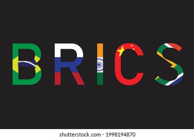 BRICS - Asociación de 5 países : Brasil, Rusia, India, China y Sudáfrica. Firma o marca de símbolo en el fondo negro. Diseño de ilustración de vector