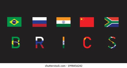 BRICS - Asociación de 5 países : Brasil, Rusia, India, China y Sudáfrica. Firma o marca de símbolo en el fondo negro. Diseño de ilustración de vector
