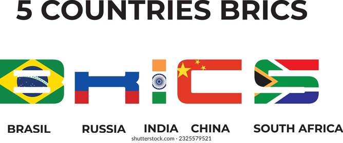 BRICS . Association of 5 countries . Flat simple circle flag design . White isolated background and country map . Vector .