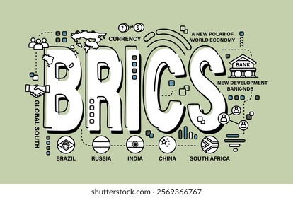 BRICS . Association of 5 countries . Word and outline icon on solid color background . Vector . Editable stroke .