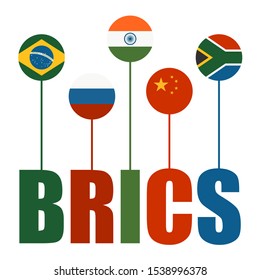 BRICS - association of five major emerging national economies members. Trade union. Brochure or web banner design. National flags
