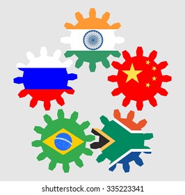 BRICS - association of five major emerging national economies members flags on zip gears