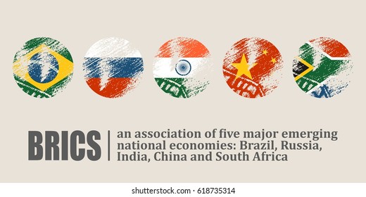 BRICS - association of five major emerging national economies. Brazil, Russia, India, China and South Africa flags icons. Trade union.