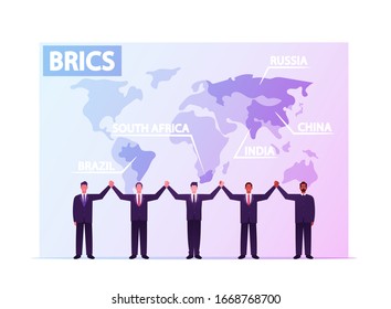 Brics Association of Major Emerging National Economies Brazil, Russia, India, China, South Africa. Country Leaders Characters Holding Hands on World Map Background. Cartoon People Vector Illustration