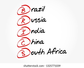 BRICS - Brazil, Russia, India, China, South Africa trade union acronym, business concept background