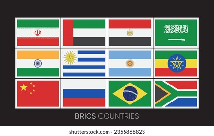 Banderas de Brasil, Rusia, India, China, Sudáfrica, Emiratos Árabes Unidos, Argentina, Uruguay, Egipto, Etiopía, Irán y Arabia Saudita