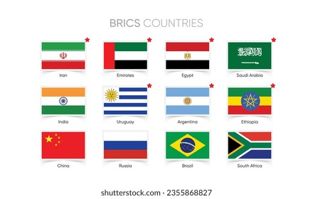 BRICS Countries Flags of Brazil, Russia, India, China, South Africa, Emirates, Argentina, Uruguay, Egypt, Ethiopia, Iran, and Saudi Arabia