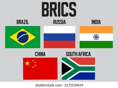 BRICS countries. National flags, icon set. Vector waving flags of Brazil, Russia, South Africa, India, and China illustration.