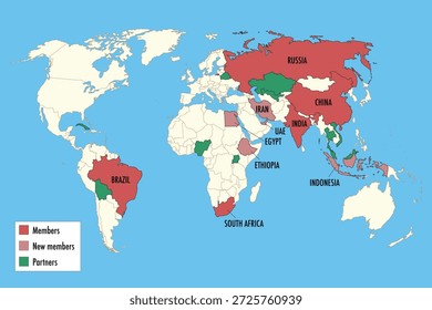 BRICS Países y Socios Mapa Mundial – Miembros Originales y Grupo Ampliado Infografía