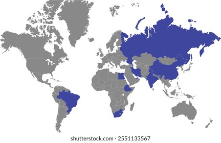 Brics Country in World, World Map, Geographic Map, Country Map, Country Border line, Brics Nation, Brics Country Highlight, Brazil, Russia, India, China, South Africa, Asia, Africa
