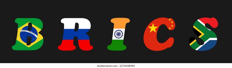 BRICS economy organisation vector illustration isolated on black background. Partnership Brazil, Russia, India, China, South Africa. Words with flags. Emblem symbol of BRICS.