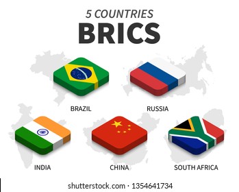 BRICS flag . association of 5 countries and map on white background . Isometric top design . Vector .