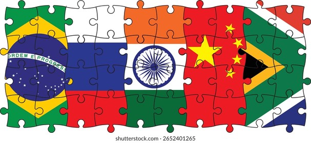 The BRICS flags join like puzzle pieces—symbolizing the unity, diversity, and growing collaboration among Brazil, Russia, India, China, and South Africa in shaping a multipolar world.