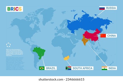 BRICS interstate association schematic map of states members. World modern map with union of 5 countries of Brazil, Russia, India, China, South Africa vector illustration