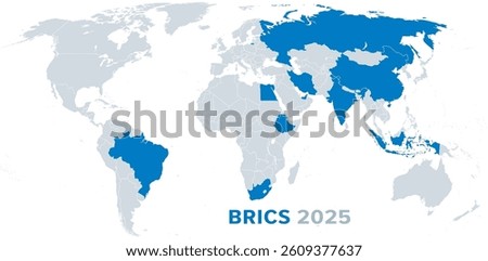 BRICS member states 2025, political map. Organization compromising 10 countries as of January 6, 2025. BRICS are initial letters of first member states Brazil, Russia, India, China, and South Africa.