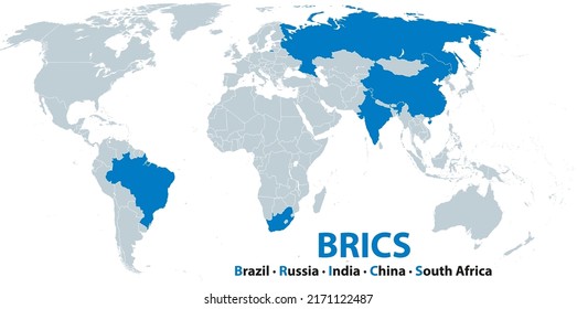 BRICS, estados miembros, mapa político. Se acuñó el acrónimo para asociar a las cinco principales economías emergentes del mundo, los países Brasil, Rusia, India, China (PRC) y Sudáfrica. Ilustración.