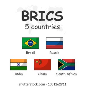 BRICS and membership flag . Association of 5 countries . Modern simple cartoon outline design and doodle world map background .