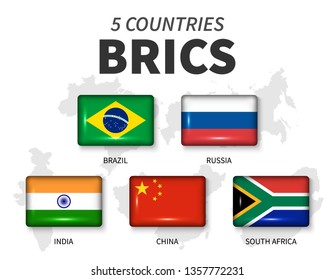 BRICS and membership flag . Association of 5 countries . Round angle rectangle shiny button and country map background of member . Vector .