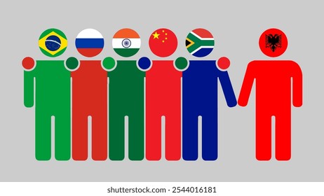 BRICS Nations and Albania Partnership Illustration. Simple flat design of human figures with flag heads. Standing together inviting Albania. Symbolizing international collaboration.