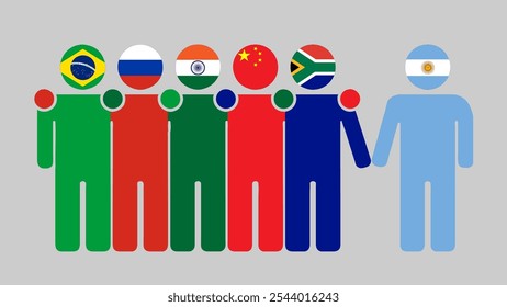 Ilustração da Parceria entre os BRICS e a Argentina. Simples desenho plano de figuras humanas com cabeças de bandeira. Juntos convidando a Argentina. Simbolizando a colaboração internacional.