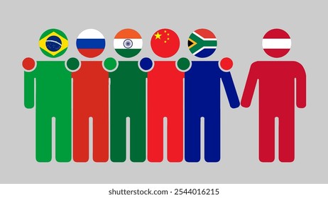 BRICS Nations and Austria Partnership Illustration. Simple flat design of human figures with flag heads. Standing together inviting Austria. Symbolizing international collaboration.