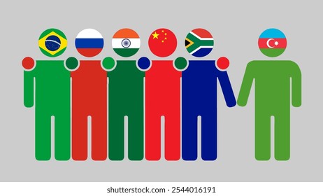 BRICS Nations and Azerbaijan Partnership Illustration. Simple flat design of human figures with flag heads. Standing together inviting Azerbaijan. Symbolizing international collaboration.