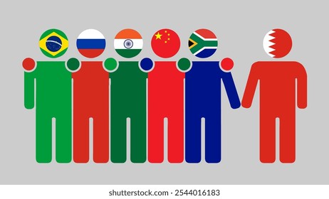 BRICS Nations and Bahrain Partnership Illustration. Simple flat design of human figures with flag heads. Standing together inviting Bahrain. Symbolizing international collaboration.