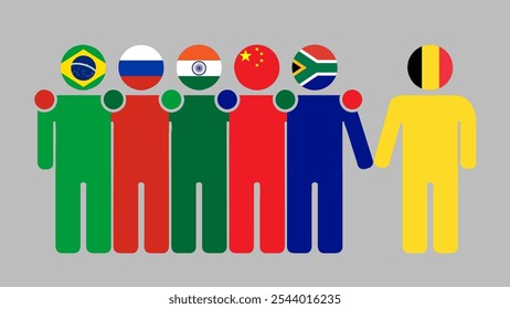 BRICS Nations and Belgium Partnership Illustration. Simple flat design of human figures with flag heads. Standing together inviting Belgium. Symbolizing international collaboration.