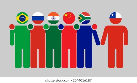 Ilustração da Parceria entre BRICS e Chile. Simples desenho plano de figuras humanas com cabeças de bandeira. Juntos convidando o Chile. Simbolizando a colaboração internacional.