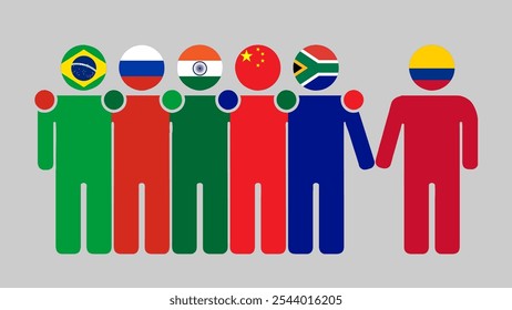 BRICS Nations and Colombia Partnership Illustration. Simple flat design of human figures with flag heads. Standing together inviting Colombia. Symbolizing international collaboration.