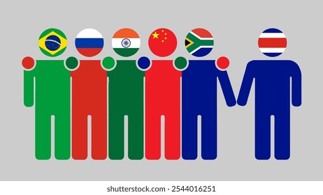 BRICS Nations and Costa Rica Partnership Illustration. Simple flat design of human figures with flag heads. Standing together inviting Costa Rica. Symbolizing international collaboration.