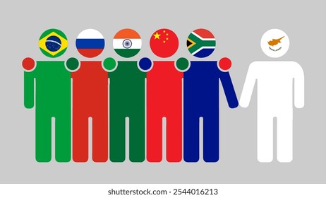 BRICS Nations and Cyprus Partnership Illustration. Simple flat design of human figures with flag heads. Standing together inviting Cyprus. Symbolizing international collaboration.