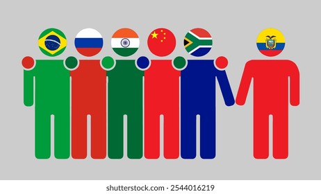 BRICS Nations and Ecuador Partnership Illustration. Simple flat design of human figures with flag heads. Standing together inviting Ecuador. Symbolizing international collaboration.