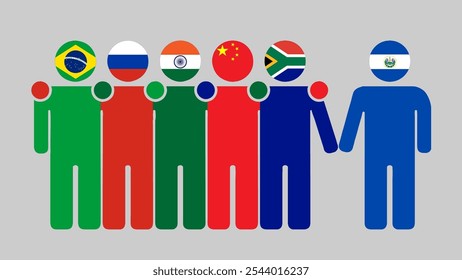 BRICS Nationen und El Salvador Partnership Illustration. Einfaches, flaches Design von menschlichen Figuren mit Fahnenköpfen. Gemeinsam stehen und El Salvador einladen. Symbolisierung der internationalen Zusammenarbeit.