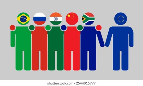 BRICS Nations and EU Partnership Illustration. Simple flat design of human figures with flag heads. Standing together inviting EU. Symbolizing international collaboration.