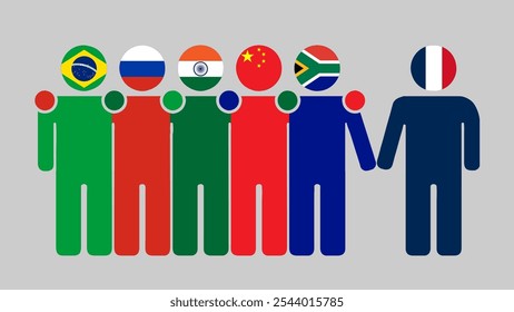 BRICS Nations and France Partnership Illustration. Simple flat design of human figures with flag heads. Standing together inviting France. Symbolizing international collaboration.