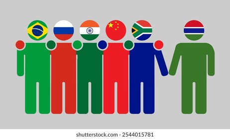 BRICS Nations and Gambia Partnership Illustration. Simple flat design of human figures with flag heads. Standing together inviting Gambia. Symbolizing international collaboration.