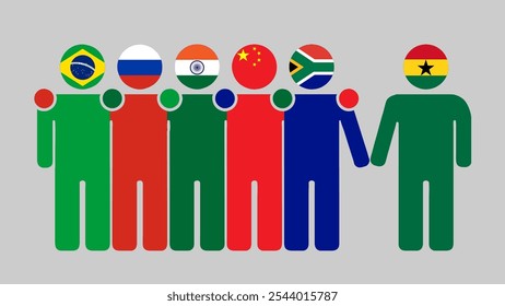 Ilustração da Parceria entre os BRICS e o Gana. Simples desenho plano de figuras humanas com cabeças de bandeira. Juntos convidando Gana. Simbolizando a colaboração internacional.