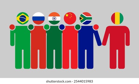 Ilustración de la Asociación de Naciones y Guinea de los BRICS. Diseño plano simple de figuras humanas con cabezas de bandera. Estando juntos invitando a Guinea. Simbolizando la colaboración internacional.