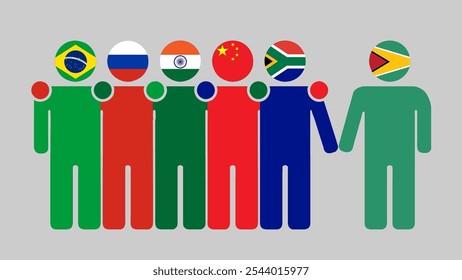 BRICS Nations and Guyana Partnership Illustration. Simple flat design of human figures with flag heads. Standing together inviting Guyana. Symbolizing international collaboration.