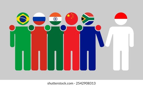 BRICS Nations and Indonesia Partnership Illustration. Simple flat design of human figures with flag heads. Standing together inviting Indonesia. Symbolizing international collaboration.