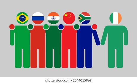 Ilustração da Parceria entre as Nações e a Irlanda do BRICS. Simples desenho plano de figuras humanas com cabeças de bandeira. Juntos convidando a Irlanda. Simbolizando a colaboração internacional.