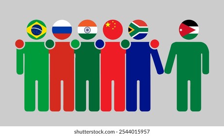 BRICS Nations and Jordan Partnership Illustration. Simple flat design of human figures with flag heads. Standing together inviting Jordan. Symbolizing international collaboration.