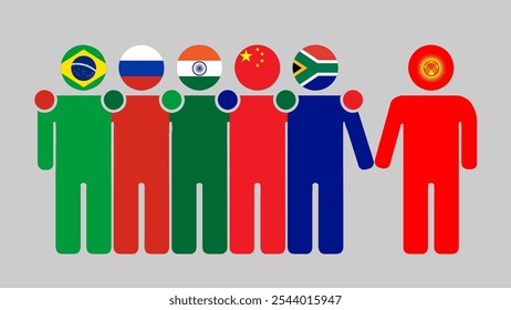 BRICS Nations and Kyrgyzstan Partnership Illustration. Simple flat design of human figures with flag heads. Standing together inviting Kyrgyzstan. Symbolizing international collaboration.